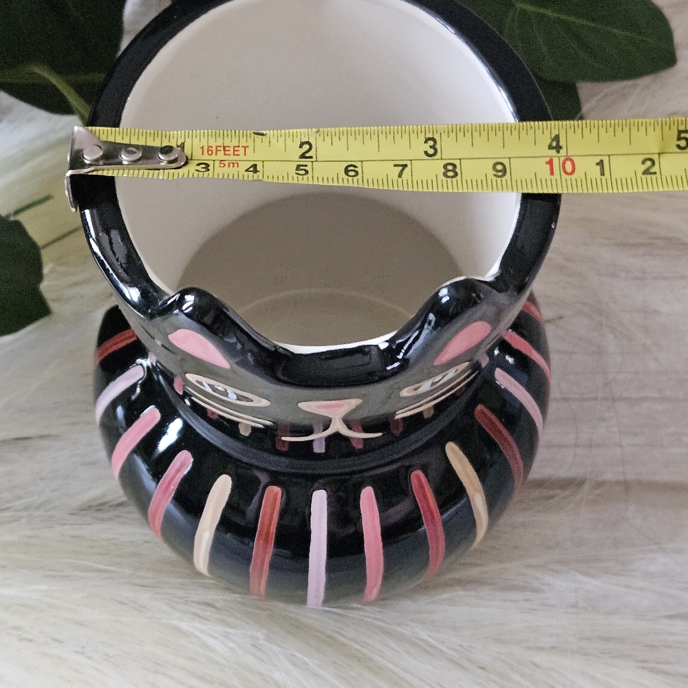 black cat art deco ceramic planter with pink and white accents stripes with cat - Picture 8 of 10